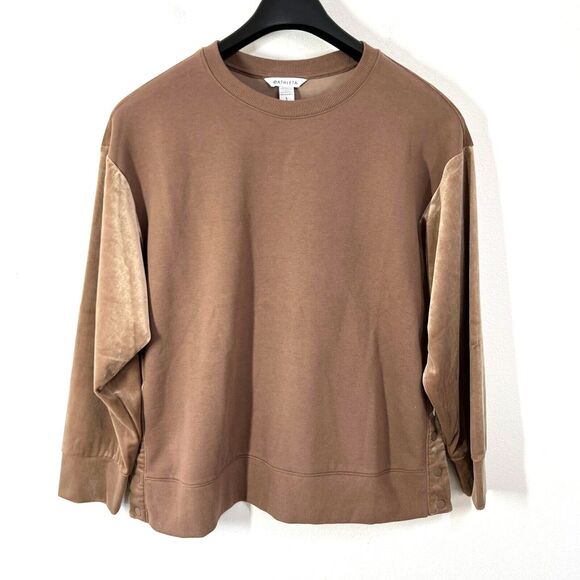 ATHLETA Retroplush Velvet Crew Neck Sweatshirt Womens Large Brown Side Buttons - Picture 2 of 11
